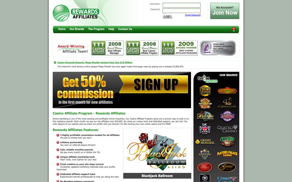Скриншот сайта партнёрской программы Rewards Affiliates