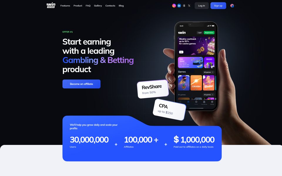 Screenshot of the 1win Partners affiliate program website