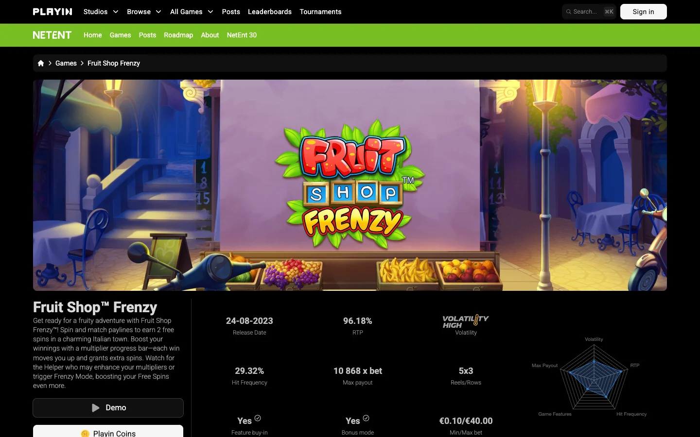 Page of the game Fruit Shop Frenzy on the site of NetEnt
