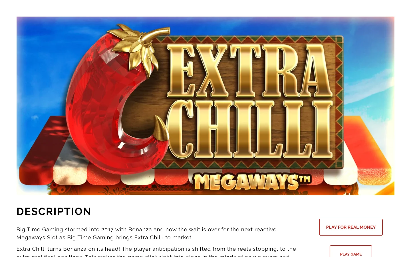 Страница игры Extra Chilli на сайте Big Time Gaming