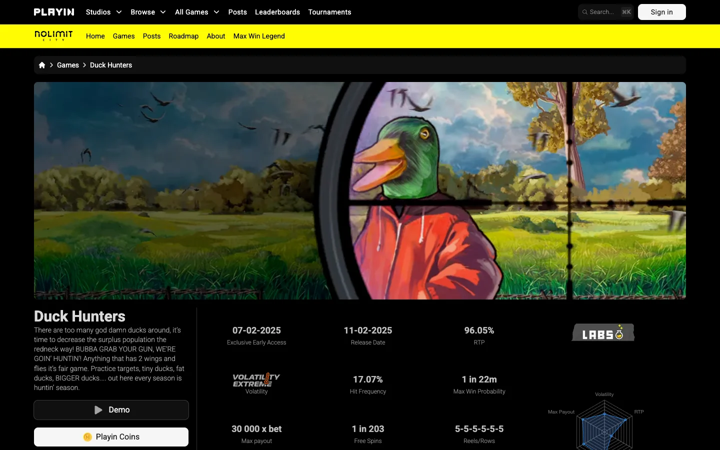 Страница игры Duck Hunters на сайте Nolimit City