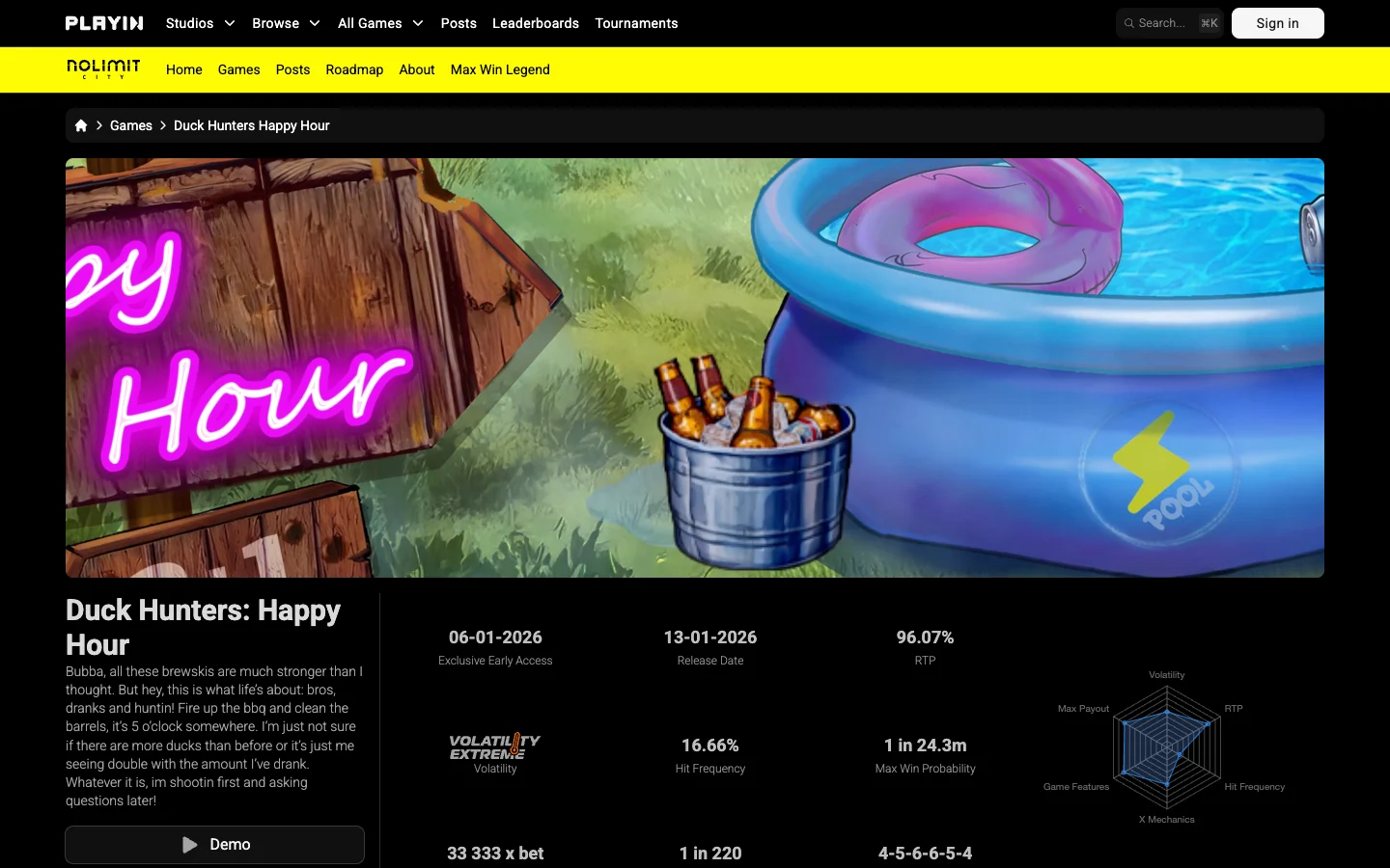 Страница игры Duck Hunters: Happy Hour на сайте Nolimit City