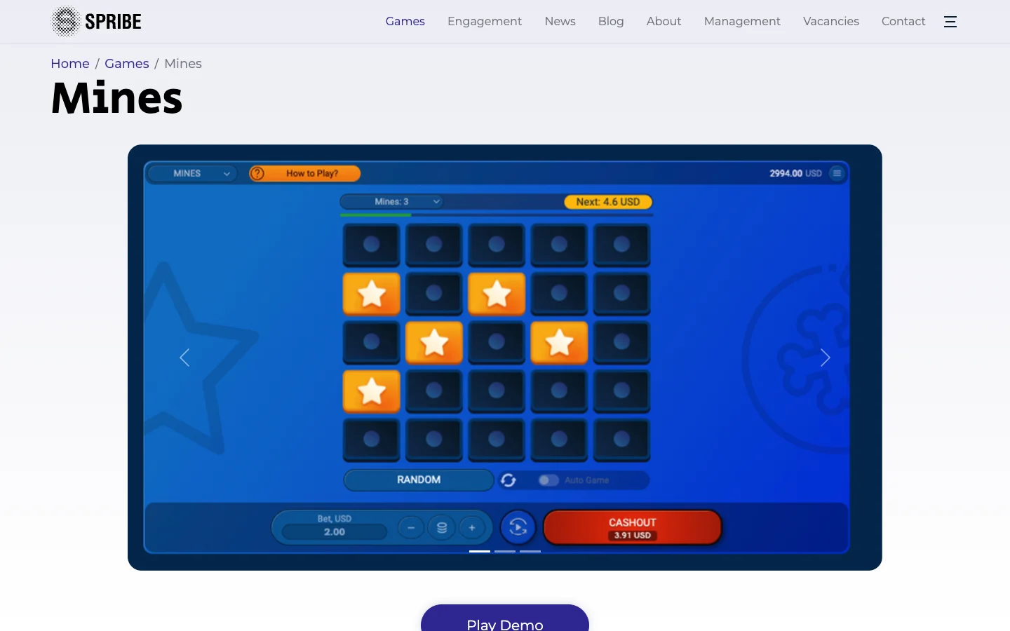 Page of the game Mines on the site of Spribe