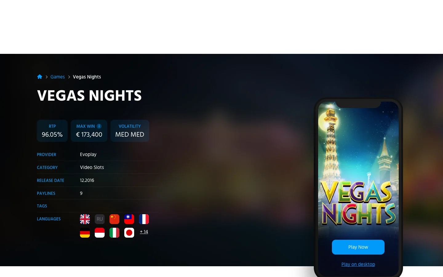 Page of the game Vegas Nights on the site of Evoplay