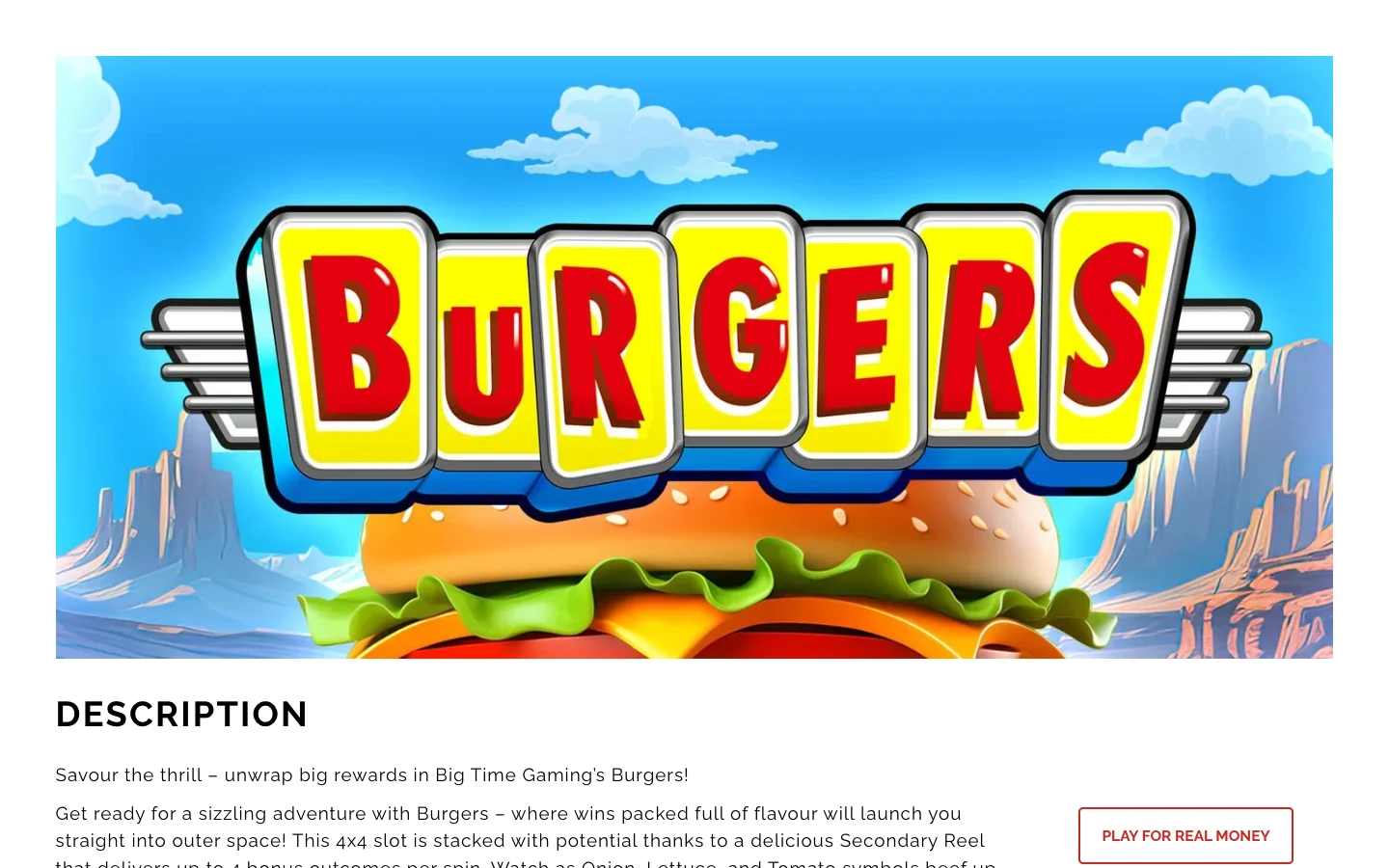 Страница игры Burgers на сайте Big Time Gaming