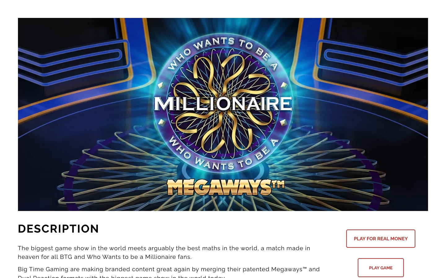 Страница игры Millionaire на сайте Big Time Gaming