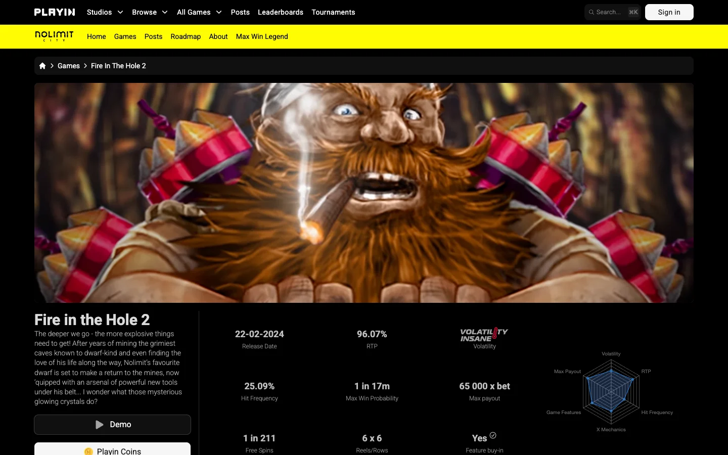 Страница игры Fire in the Hole 2 на сайте Nolimit City