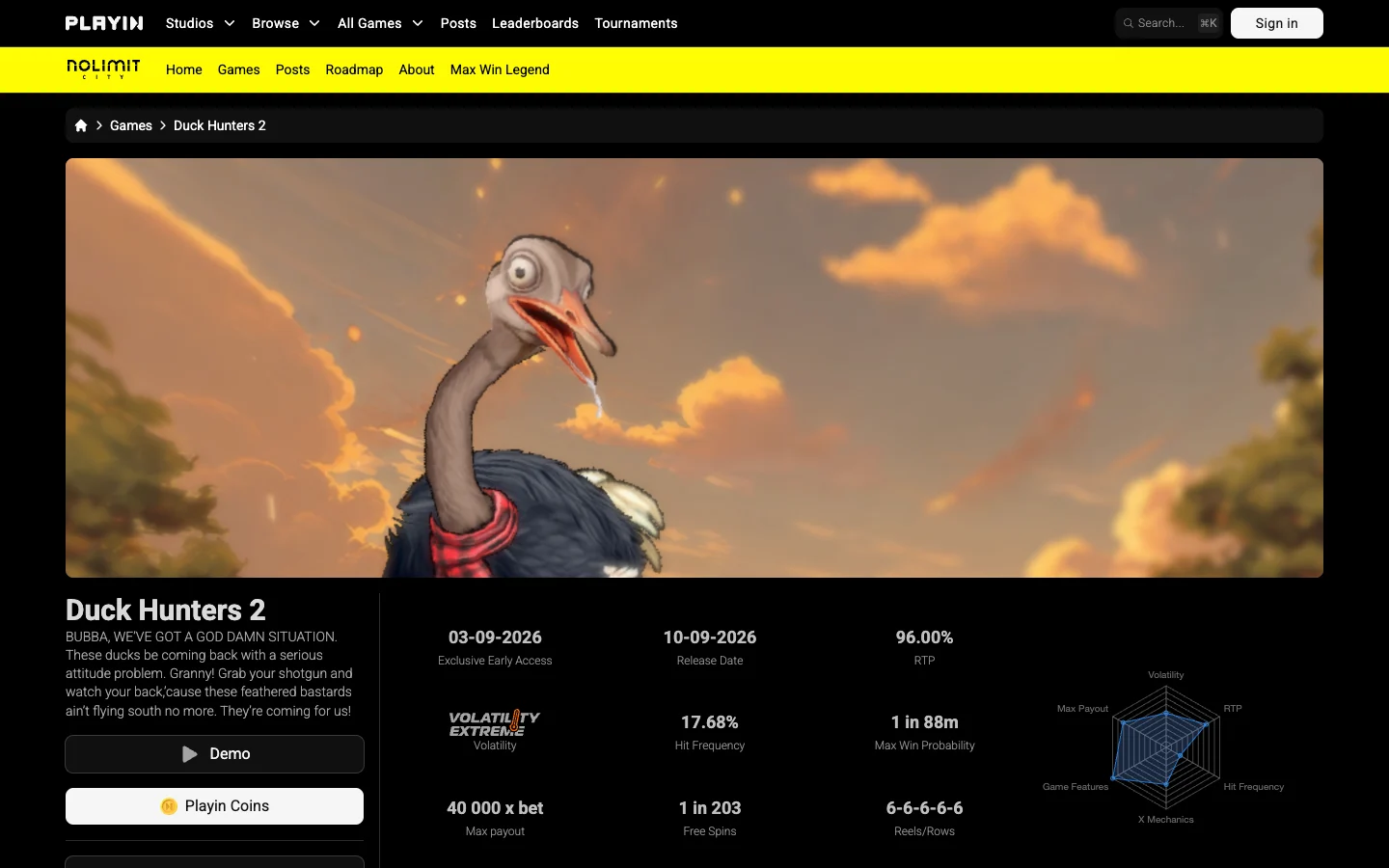Страница игры Duck Hunters 2 на сайте Nolimit City