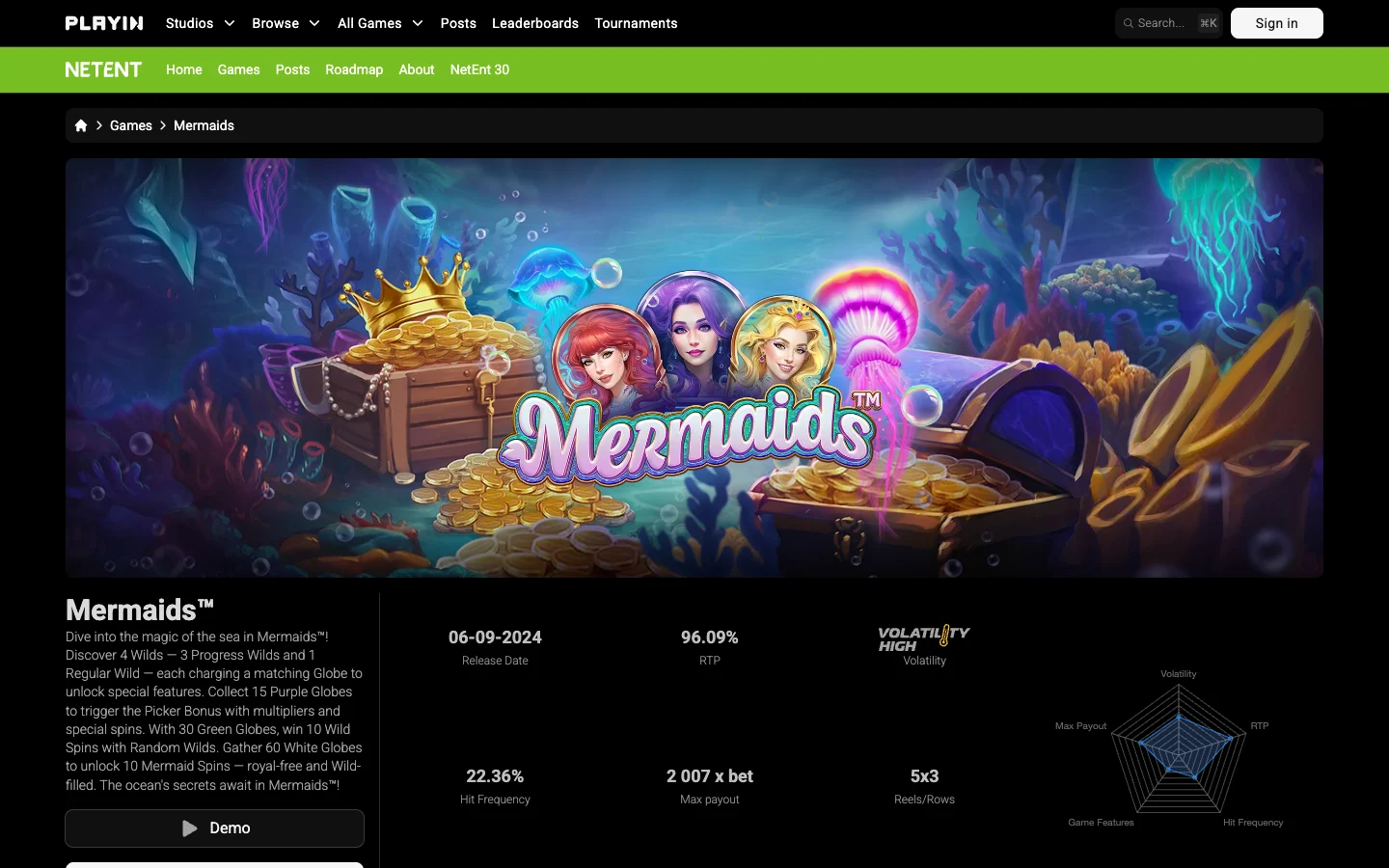 Page of the game Mermaids on the site of NetEnt