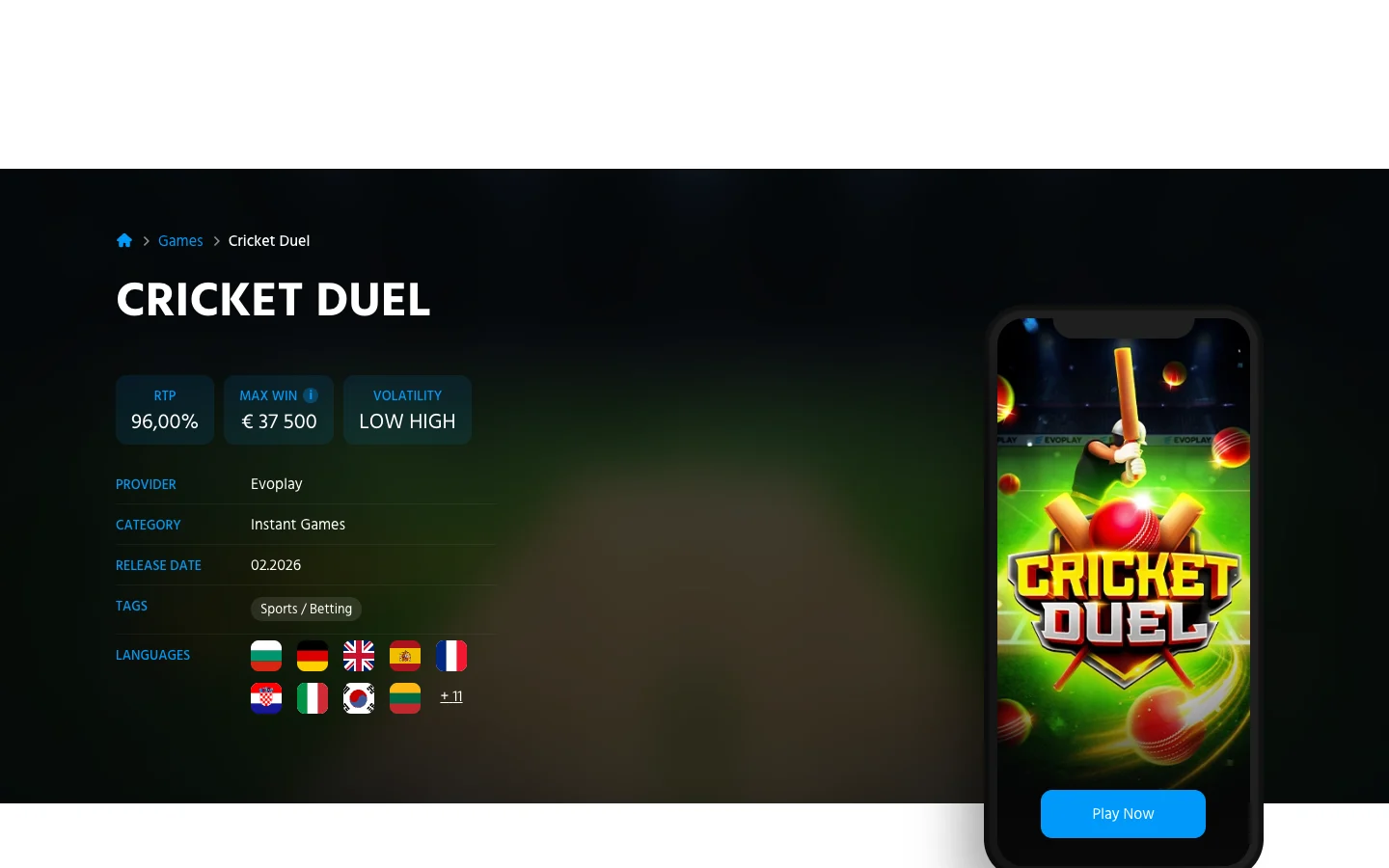 Page of the game Cricket Duel on the site of Evoplay
