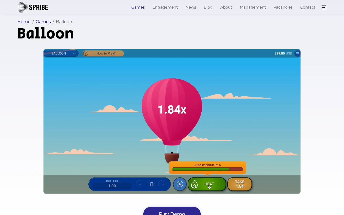 Page of the game Balloon on the site of Spribe