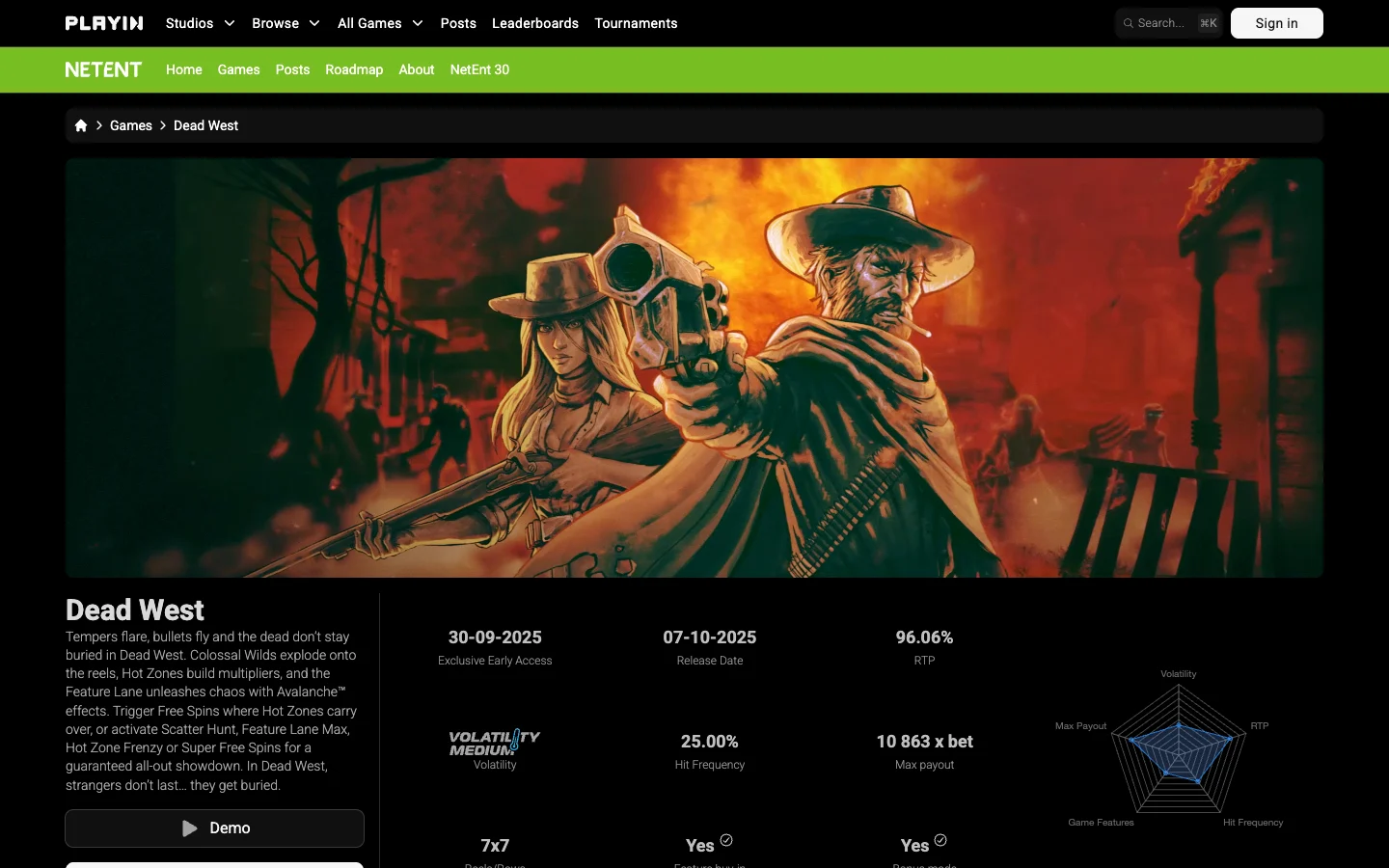 Page of the game Dead West on the site of NetEnt