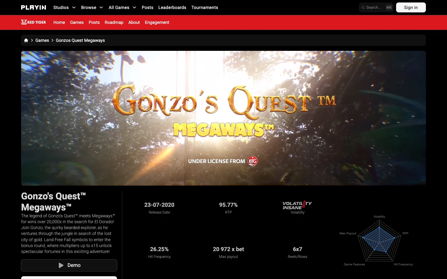 Страница игры Gonzo's Quest Megaways на сайте Red Tiger