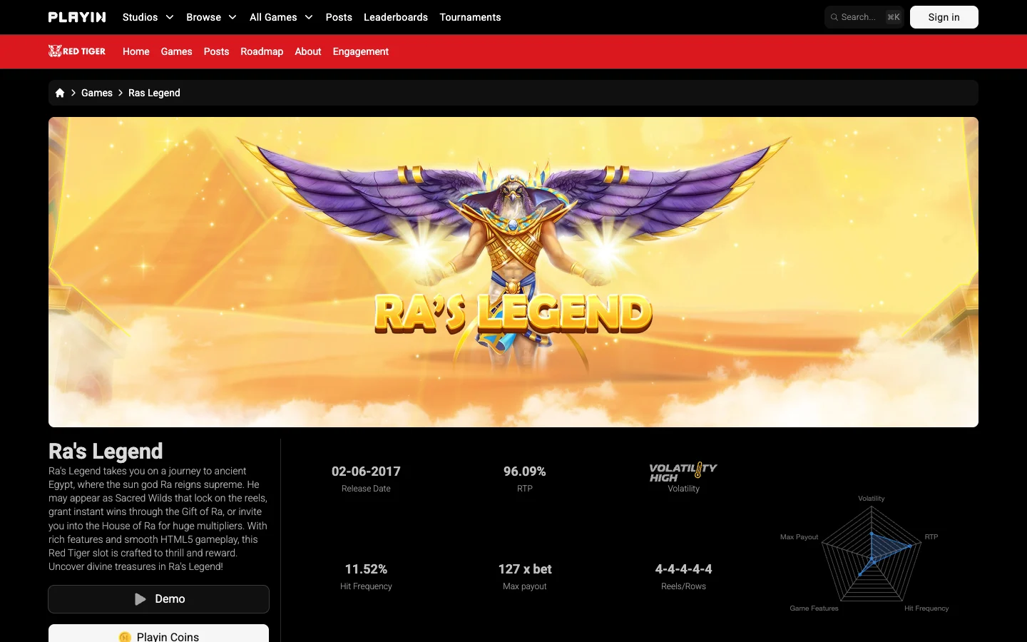 Страница игры Ra's Legend на сайте Red Tiger