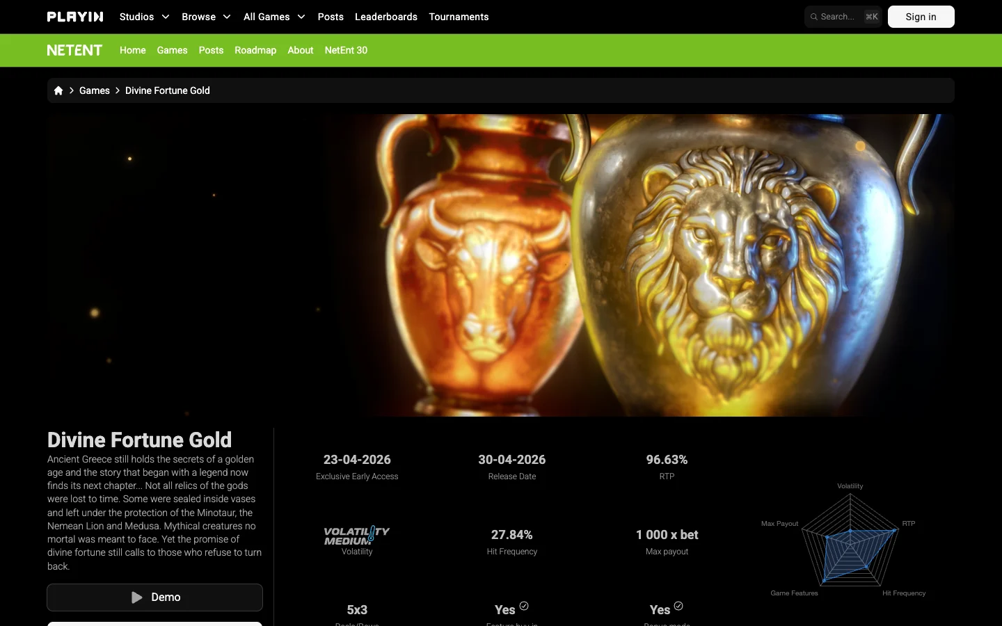 Page of the game Divine Fortune Gold on the site of NetEnt