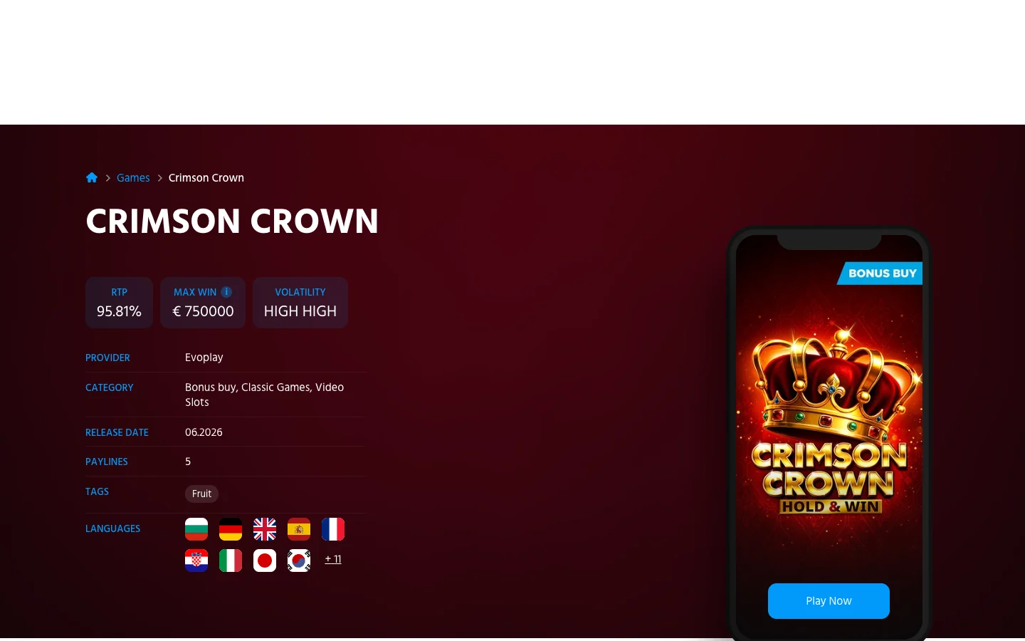 Page of the game Crimson Crown on the site of Evoplay