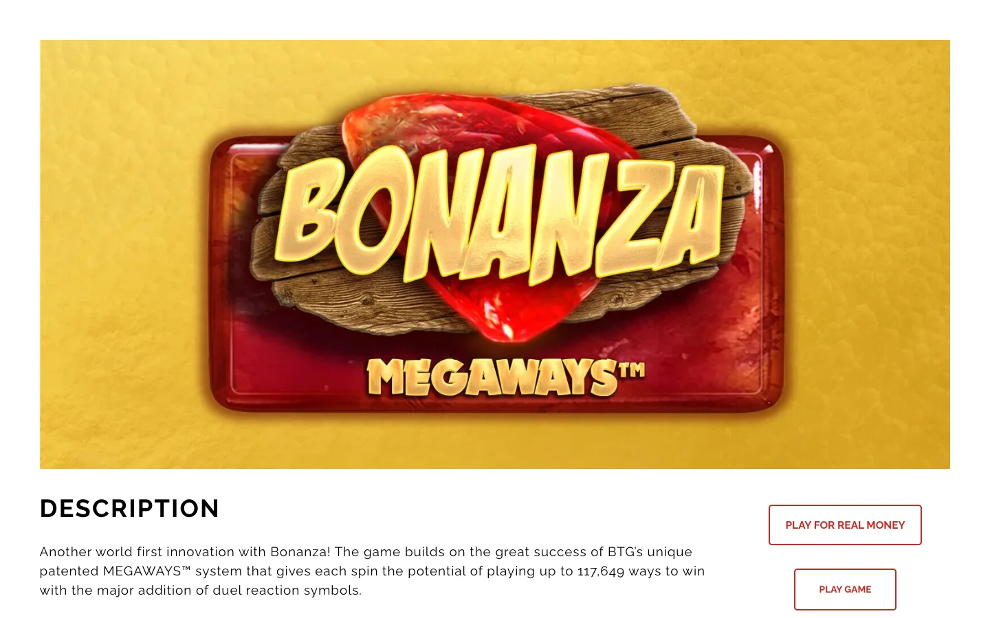 Страница игры Bonanza на сайте Big Time Gaming