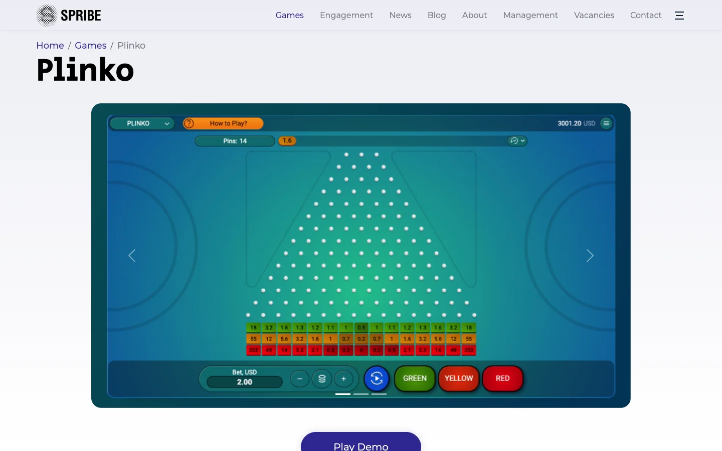 Page of the game Plinko on the site of Spribe