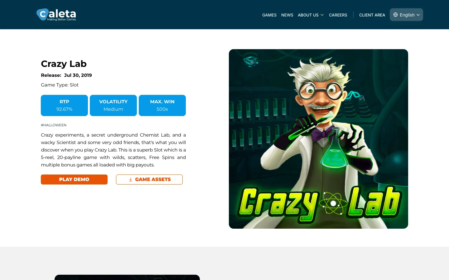 Страница игры Crazy Lab на сайте Caleta Gaming