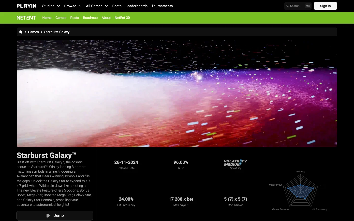 Page of the game Starburst Galaxy on the site of NetEnt