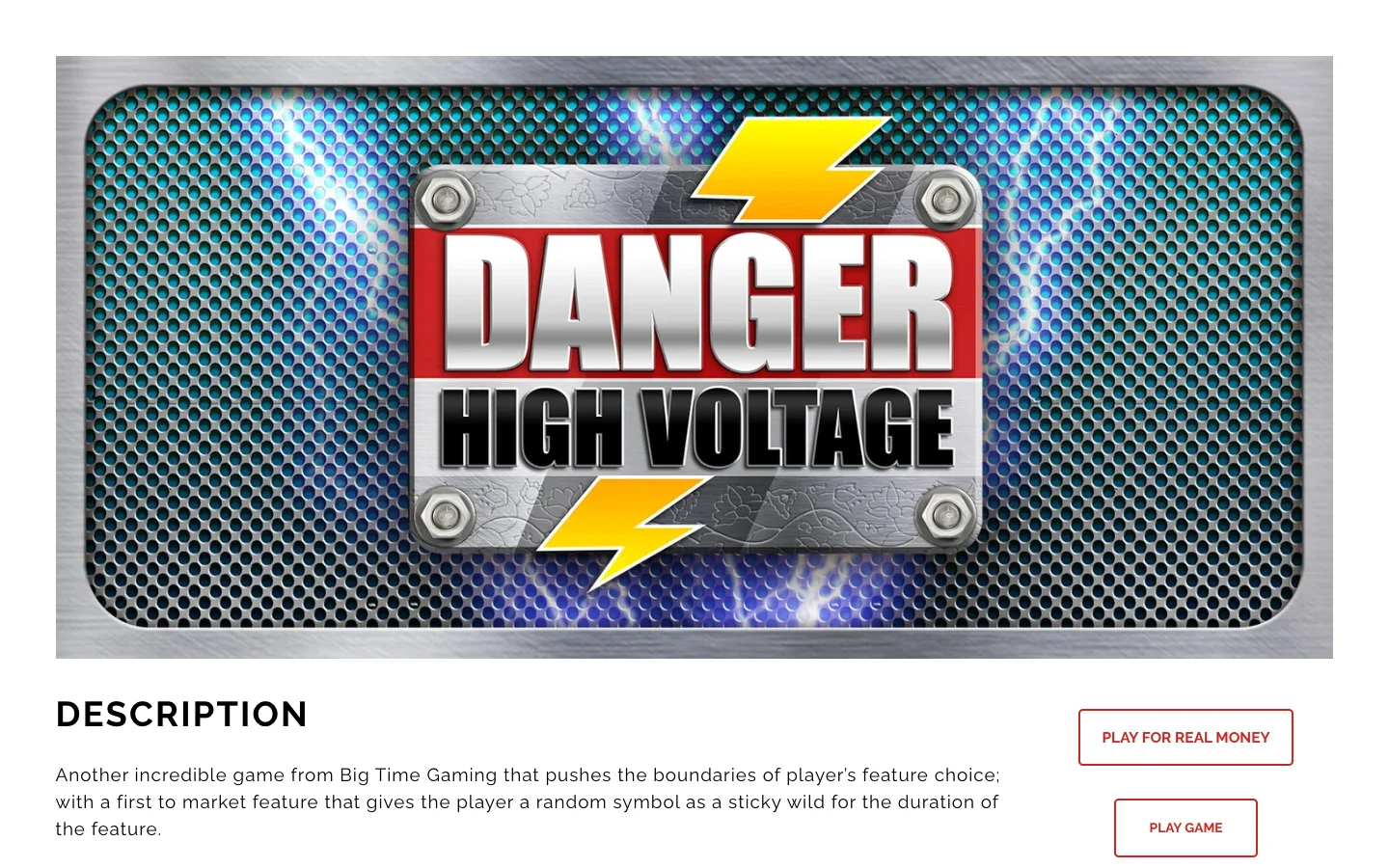 Страница игры Danger High Voltage на сайте Big Time Gaming