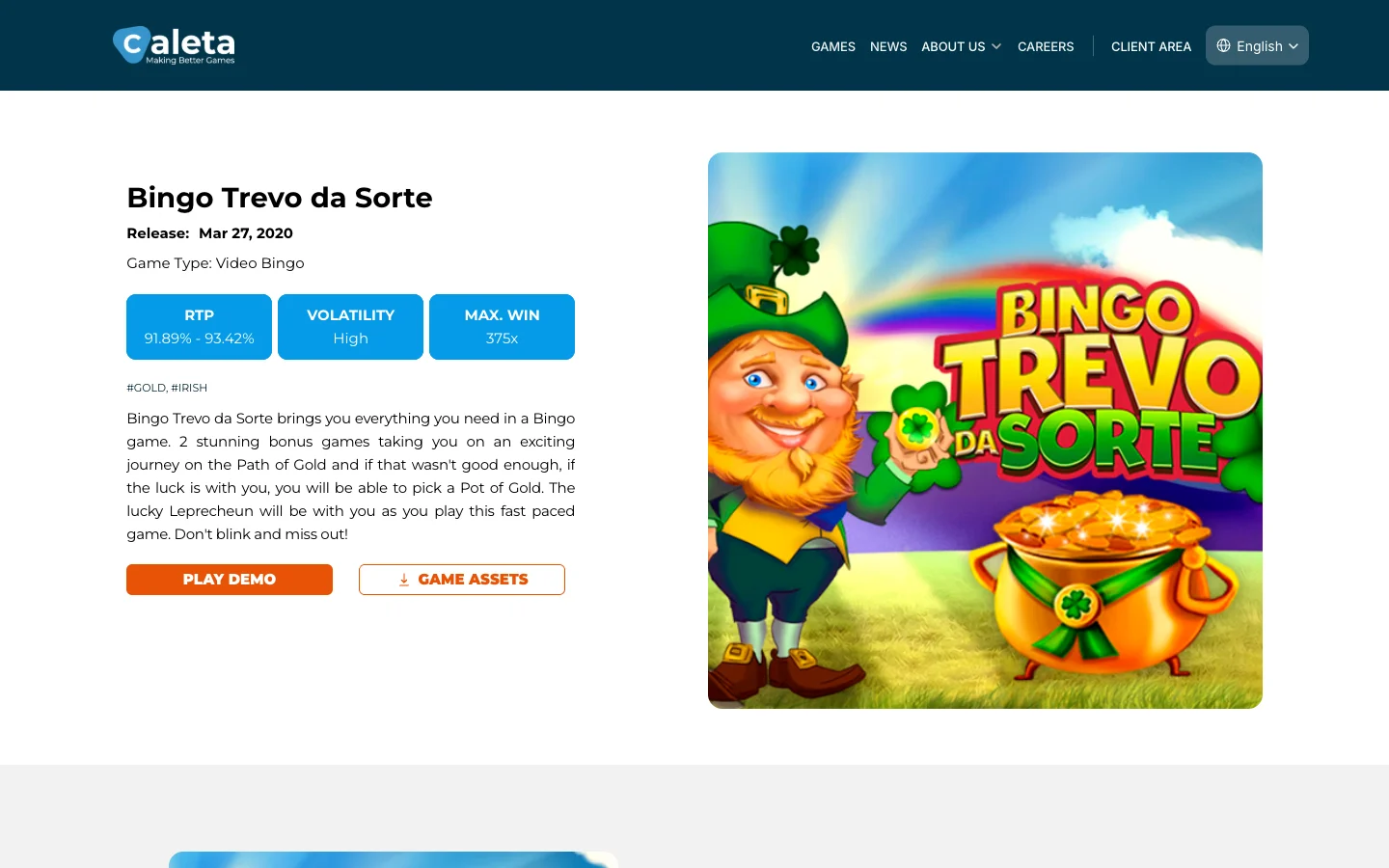 Страница игры Bingo Trevo da Sorte на сайте Caleta Gaming