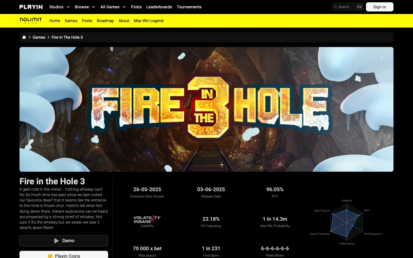 Страница игры Fire in the Hole 3 на сайте Nolimit City