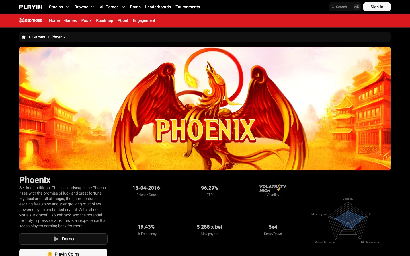 Страница игры Phoenix на сайте Red Tiger