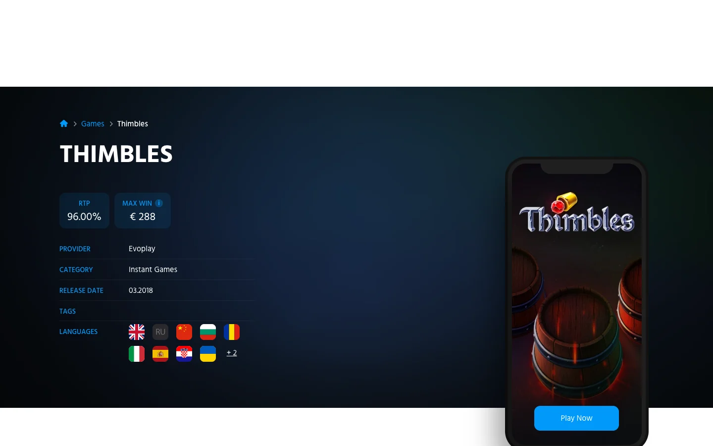Page of the game Thimbles on the site of Evoplay