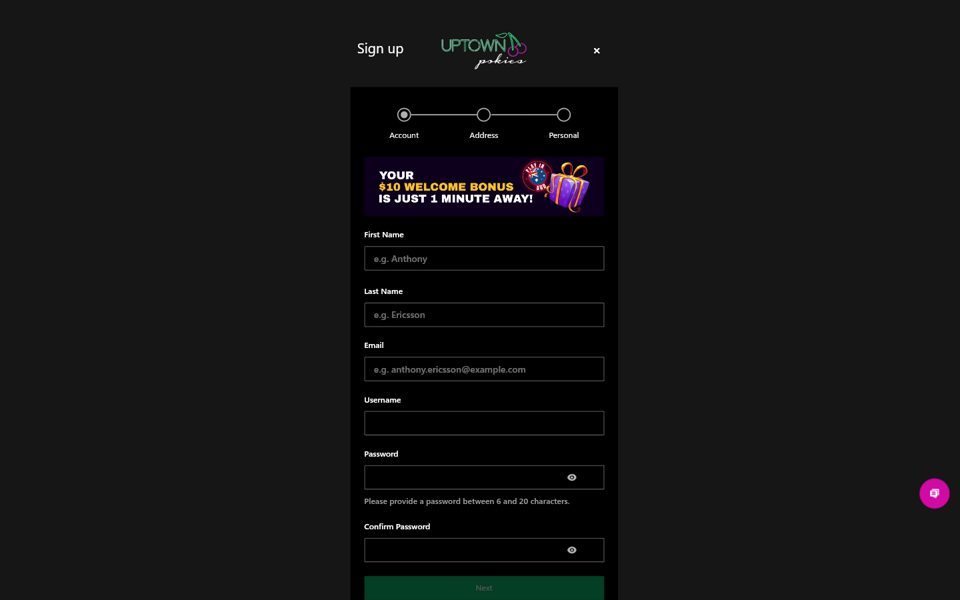 Форма регистрации Uptown Pokies