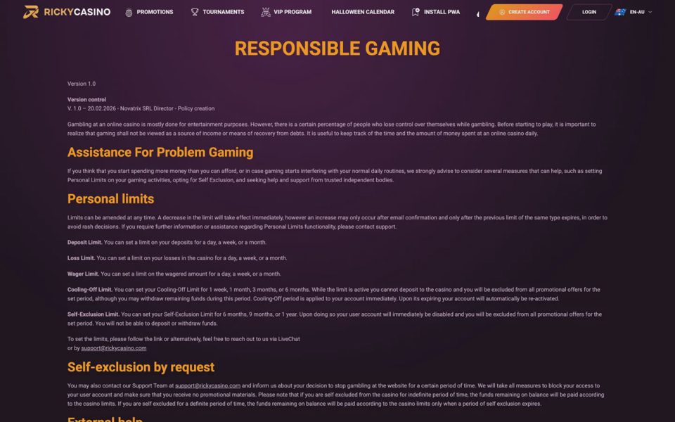 Ответственная игра на Ricky Casino