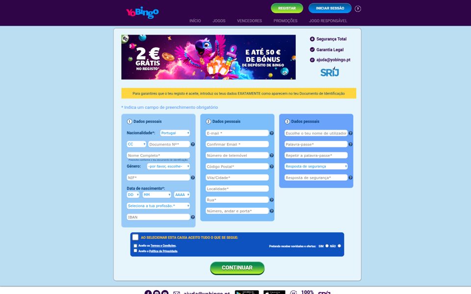 Форма регистрации YoBingo