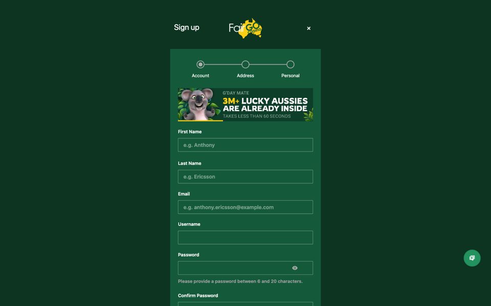 Форма регистрации Fair Go Casino