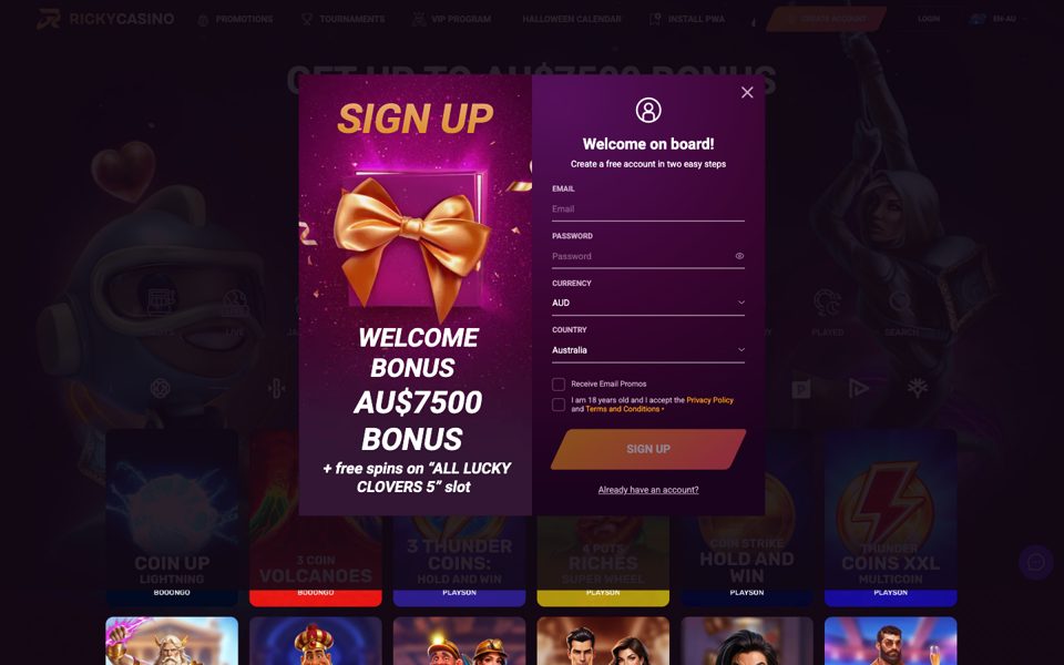 Форма регистрации Ricky Casino