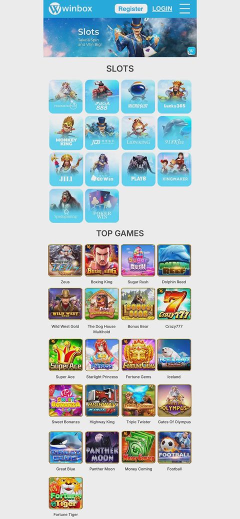 Winbox casino catalog — mobile version