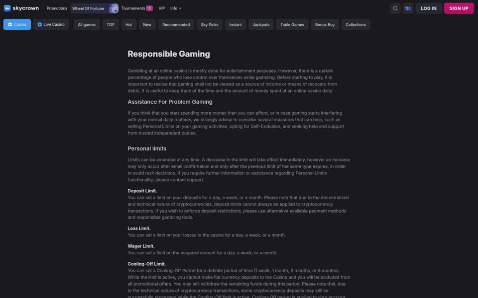 Responsible gaming at Skycrown