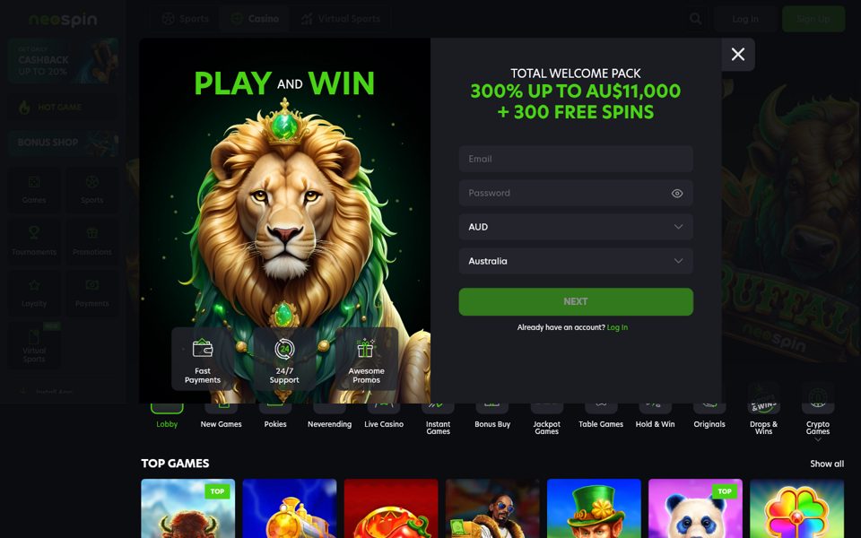 Форма регистрации Neospin