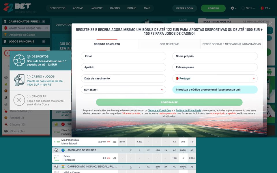 Форма регистрации 22bet