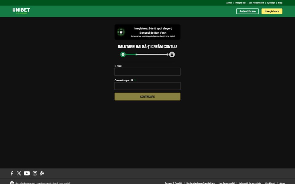 Форма регистрации Unibet