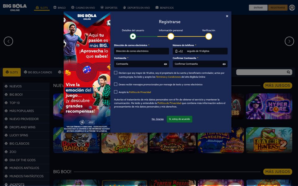 Форма регистрации Big Bola