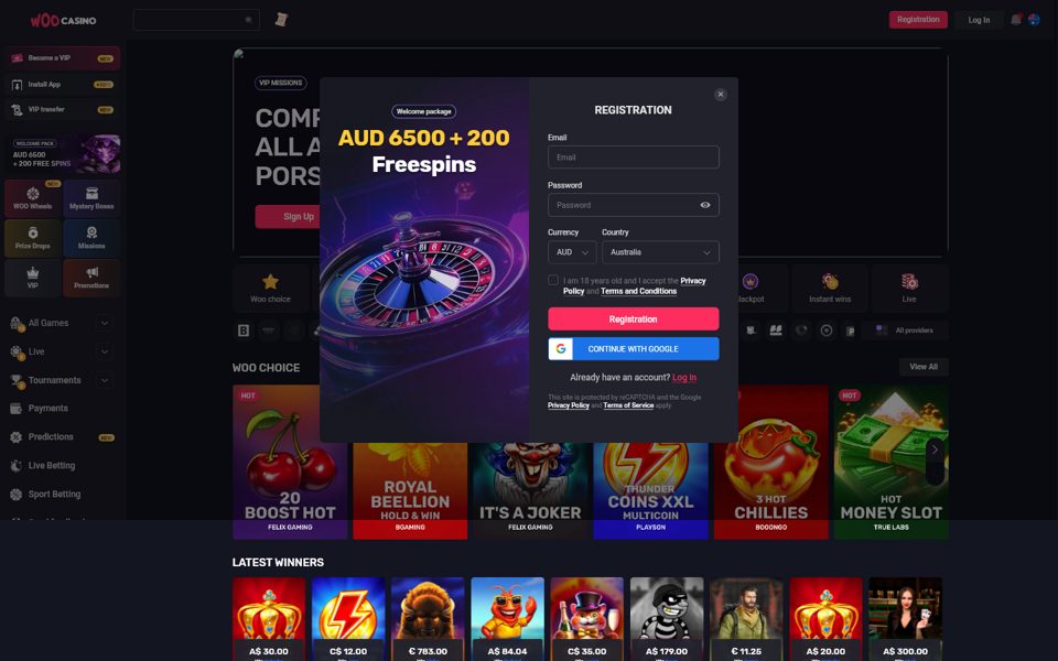 Форма регистрации Woocasino