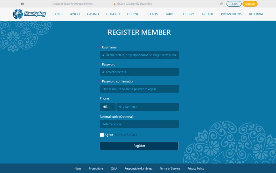 Форма регистрации Hawkplay