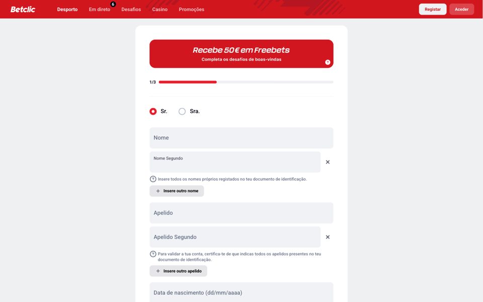 Форма регистрации Betclic