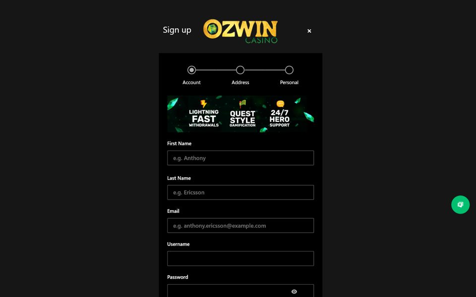 Форма регистрации Ozwin Casino