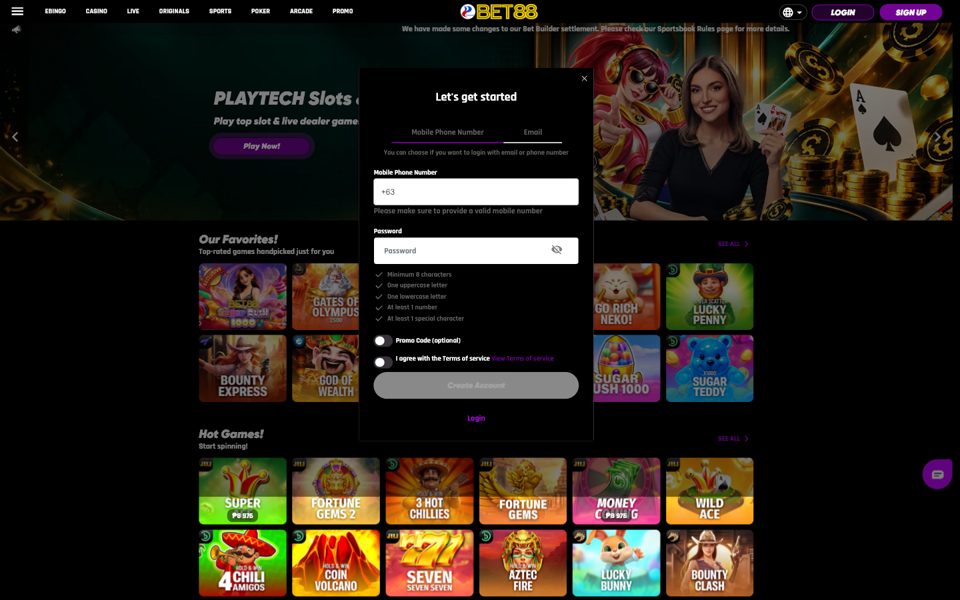 Форма регистрации Bet88