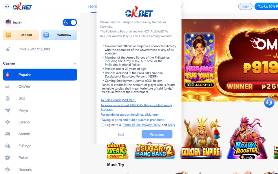 OKBet casino catalog