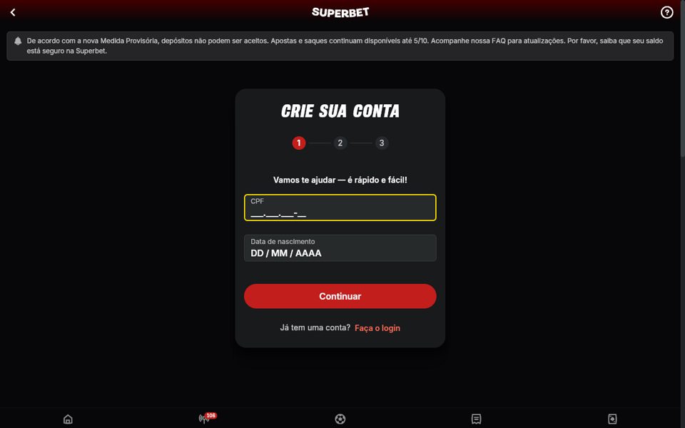 Форма регистрации Superbet