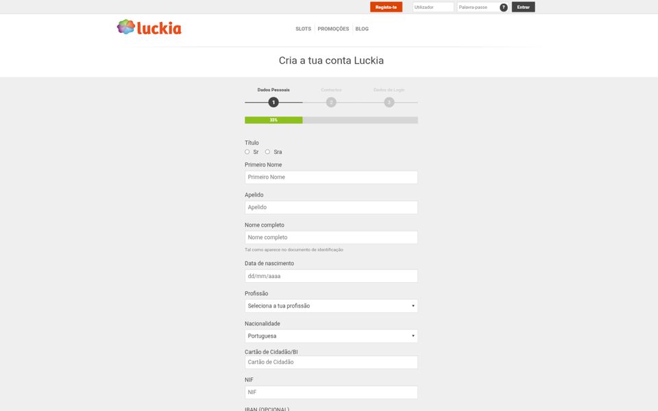 Форма регистрации Luckia