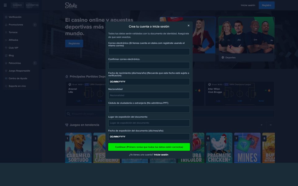Форма регистрации Stake