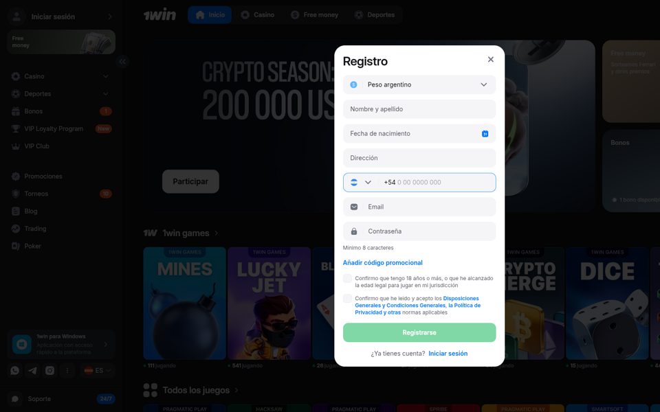 1win registration form
